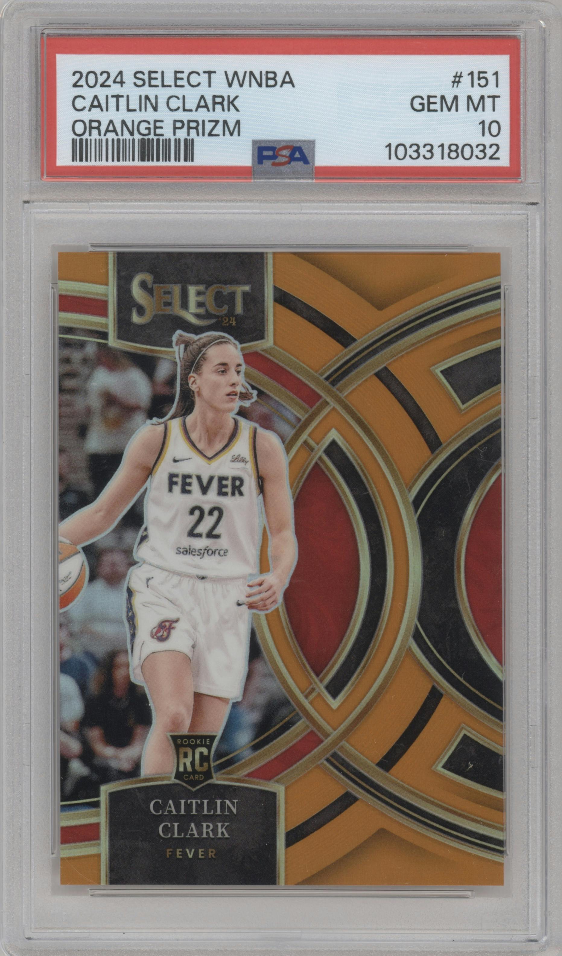 Caitlin Clark from the 2024 Panini Select WNBA set featuring a Orange Prizm parallel graded by PSA and given an overall grade of 10.