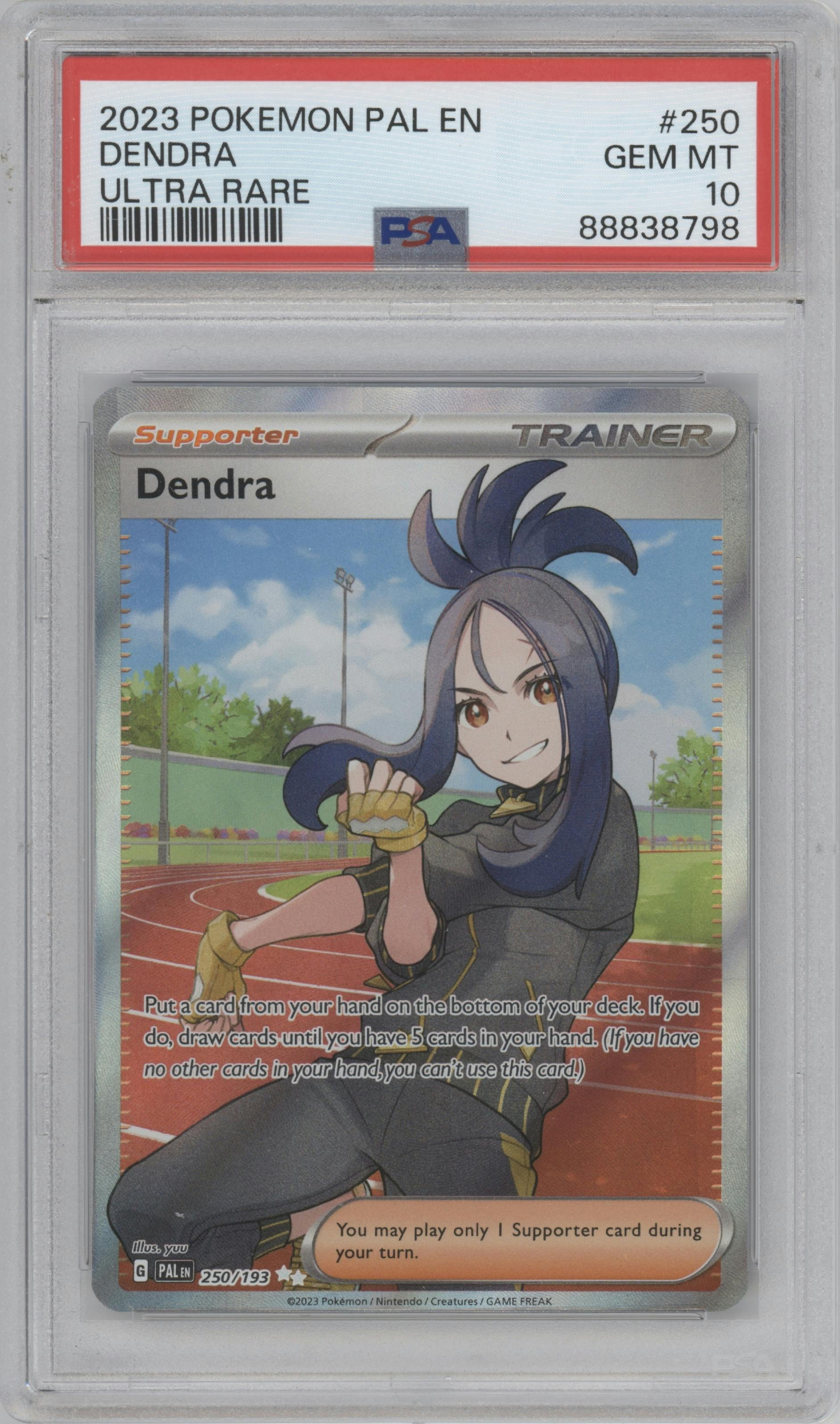 Dendra from the 2023 Pokemon SV set graded by PSA and given an overall grade of 10.