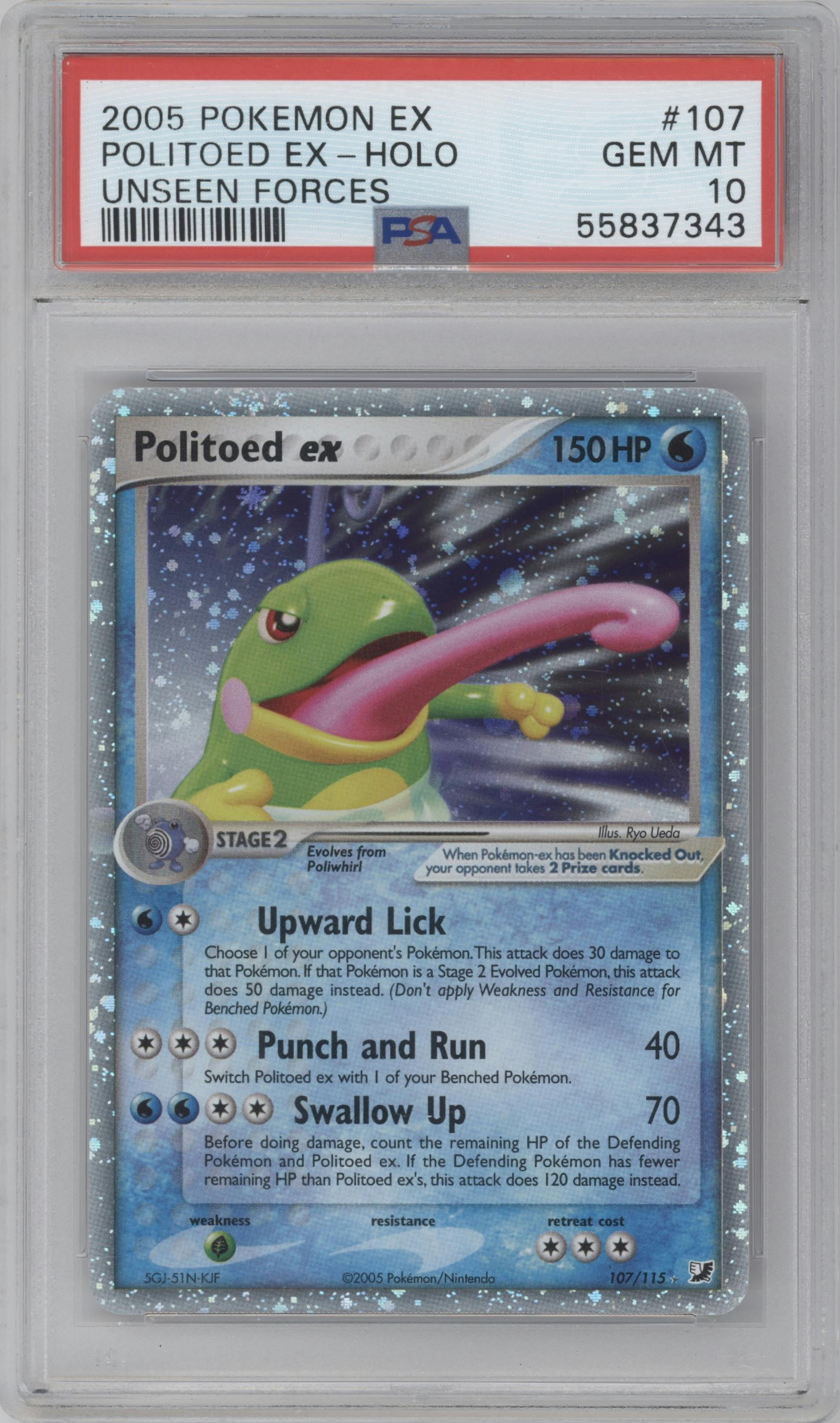 Politoed ex from the 2005 Pokemon EX set graded by PSA and given an overall grade of 10.