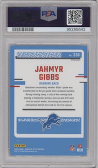 Jahmyr Gibbs from the 2023 Donruss Optic set featuring a Holo parallel graded by PSA and given an overall grade of 9.