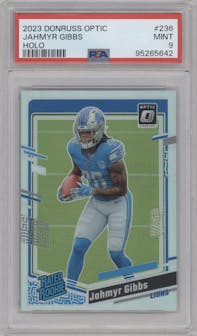 Jahmyr Gibbs from the 2023 Donruss Optic set featuring a Holo parallel graded by PSA and given an overall grade of 9.