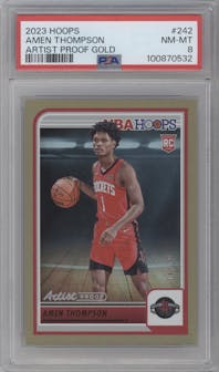 Amen Thompson from the 2023-24 Panini NBA Hoops set featuring a Artist Proof Gold parallel graded by PSA and given an overall grade of 8.