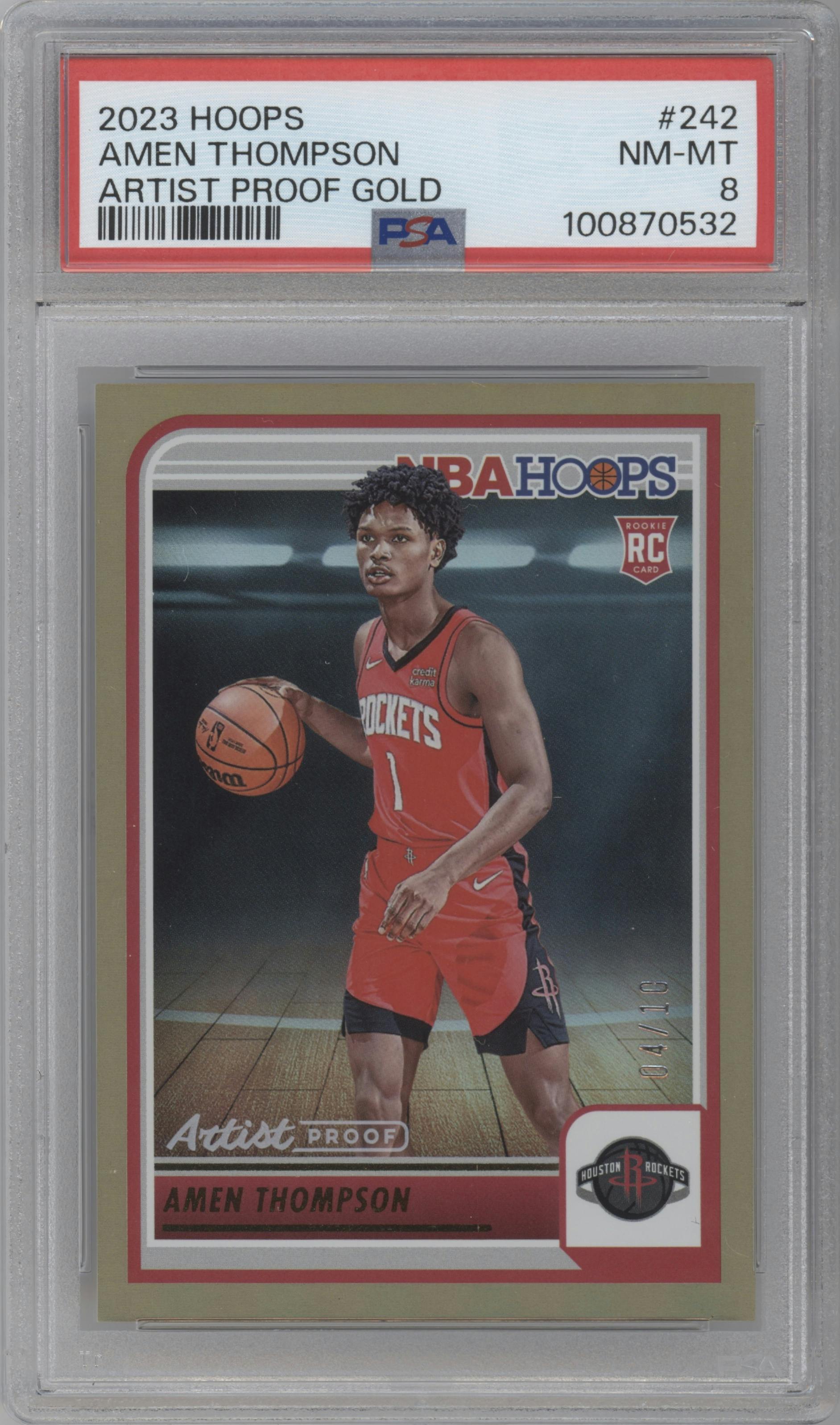 Amen Thompson from the 2023-24 Panini NBA Hoops set featuring a Artist Proof Gold parallel graded by PSA and given an overall grade of 8.
