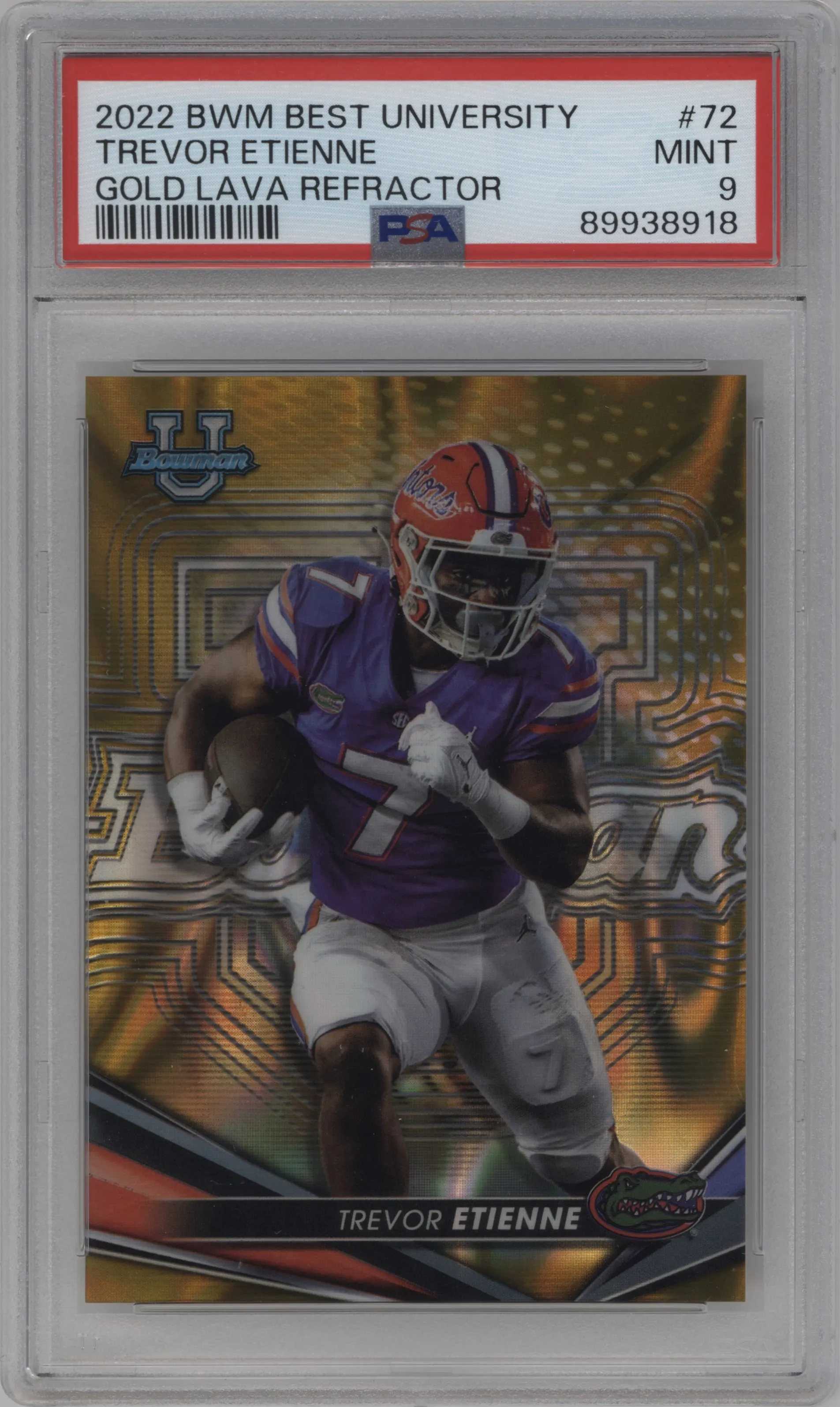 2022 Bowman’s Best University Trevor Etienne Gold Lava Refractor #72 PSA 9
