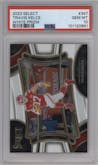 Travis Kelce from the 2023 Panini Select set featuring a White Prizm parallel graded by PSA and given an overall grade of 10.