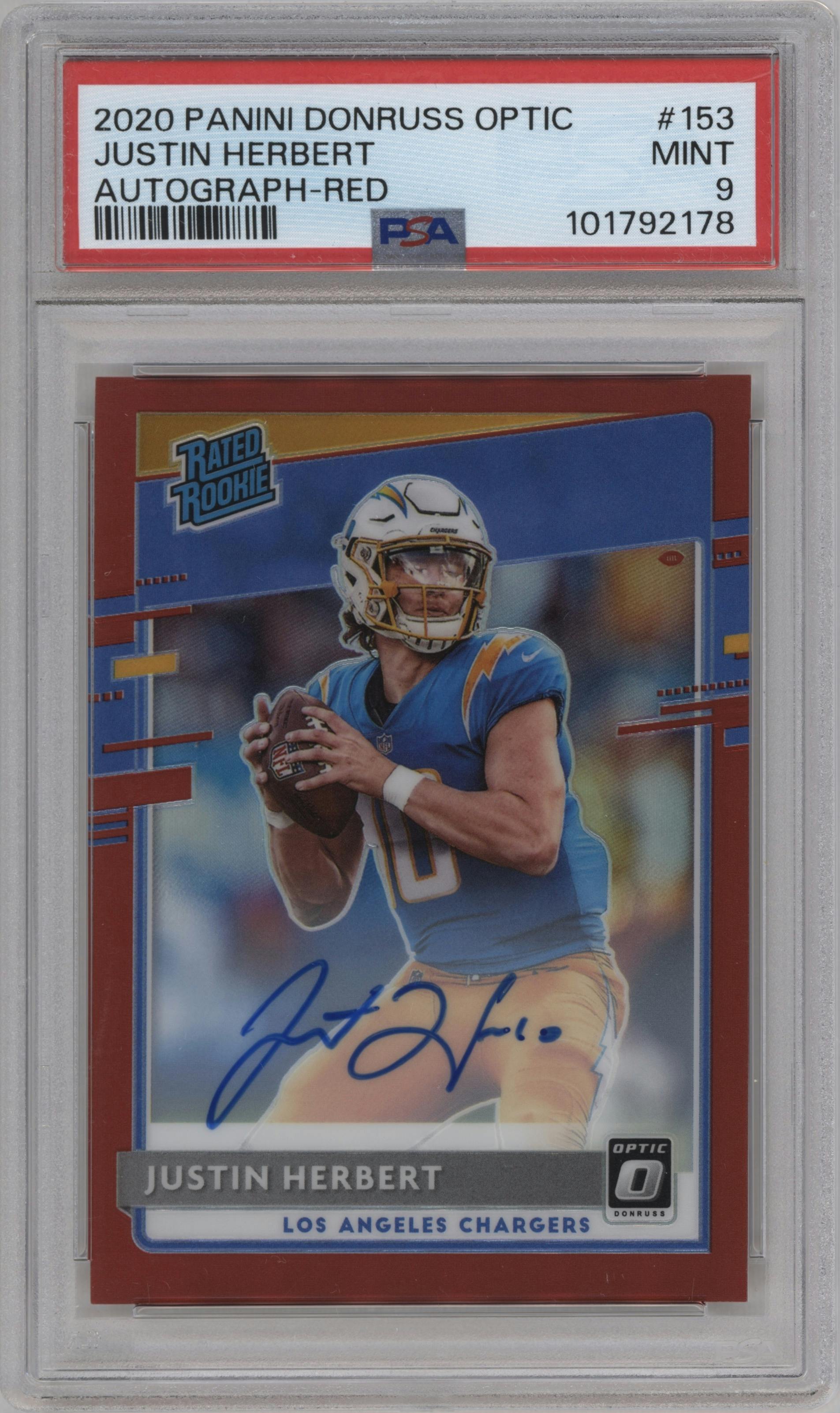 Justin Herbert from the 2020 Panini Donruss Optic set featuring a Red parallel graded by PSA and given an overall grade of 9.