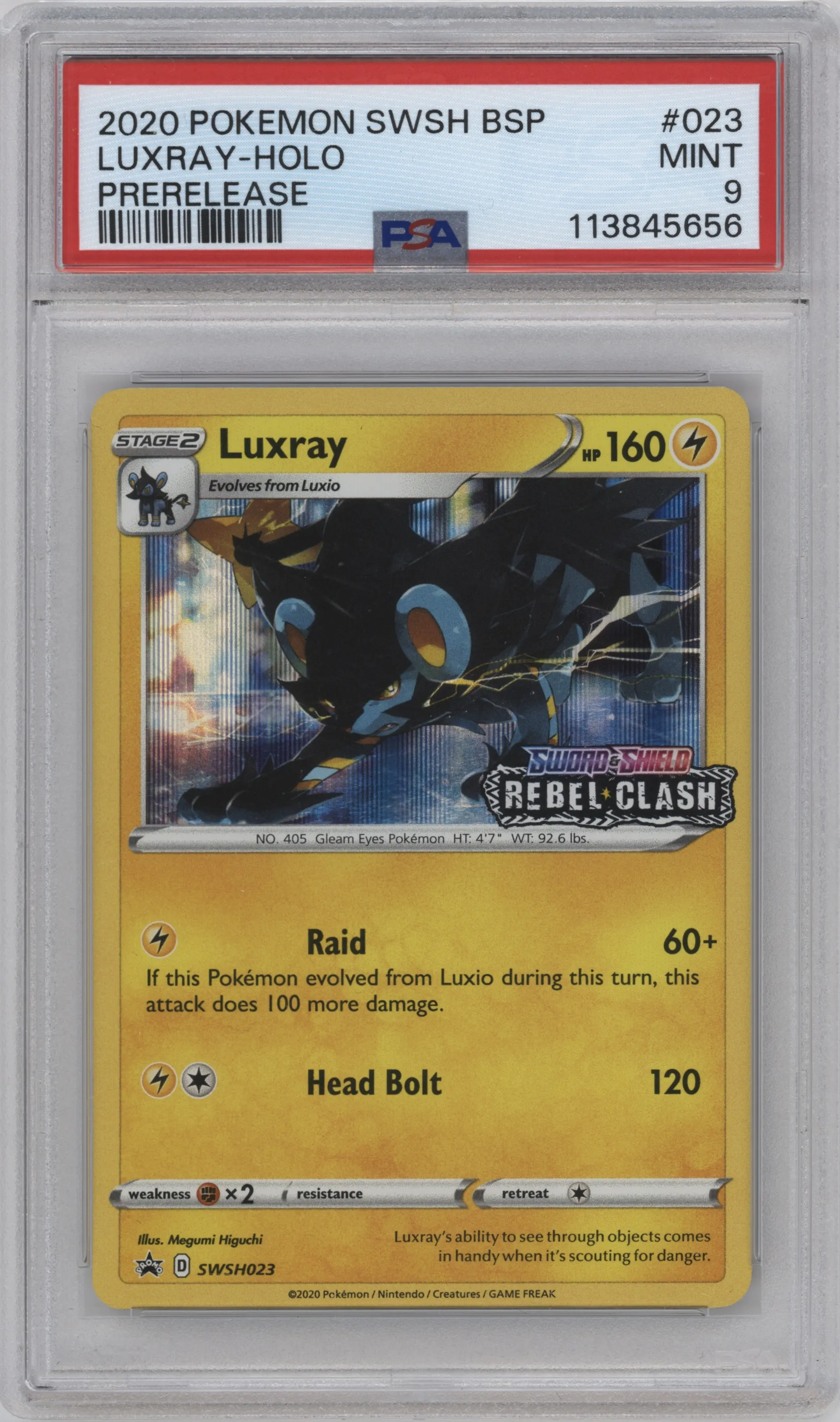2020 Pokemon SWSH Luxray Rebel Clash Prerelease Staff #SWSH023 PSA 9