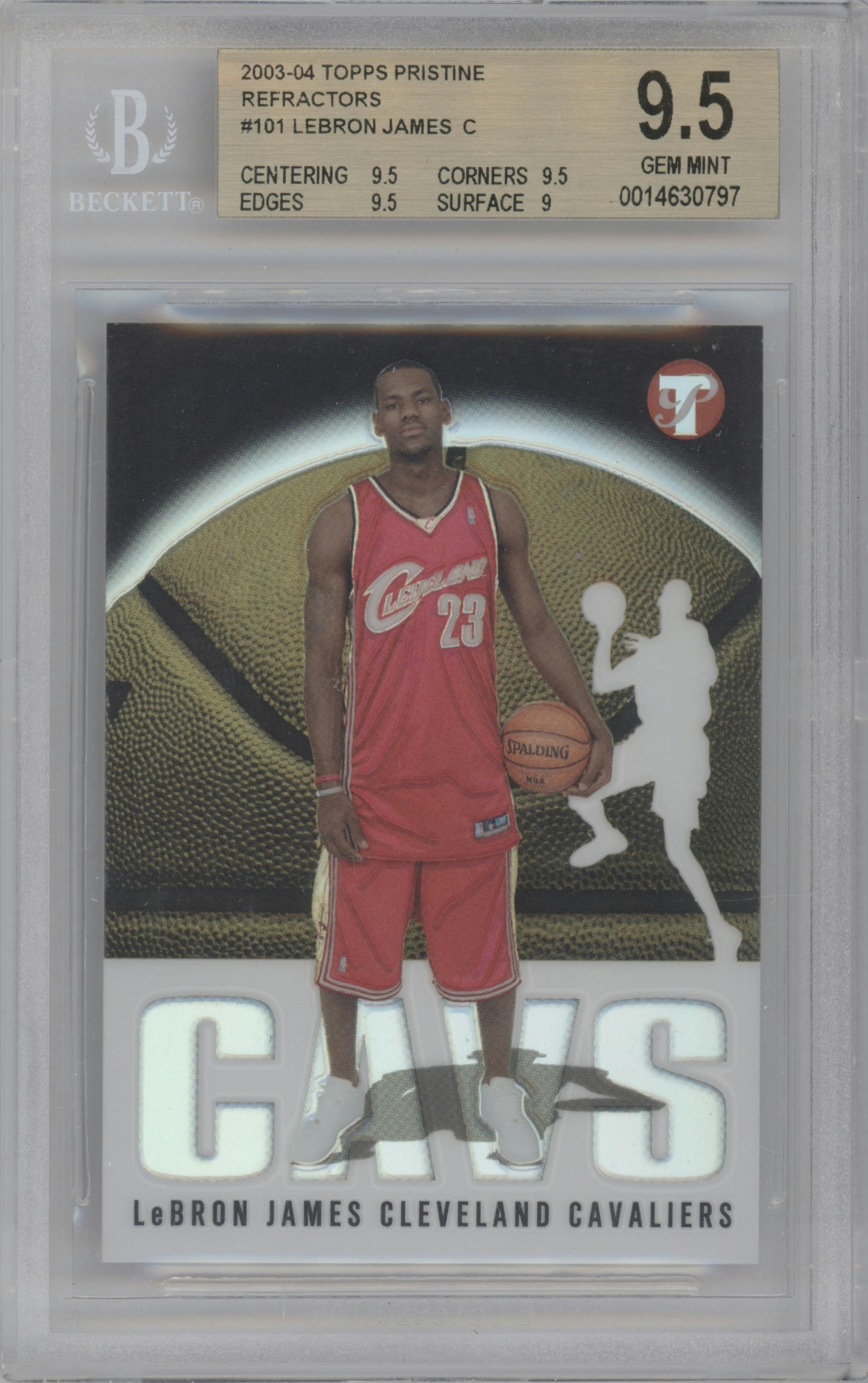 LeBron James from the 2003-04 Topps Pristine  set featuring a Refractor parallel graded by Beckett and given an overall grade of 9.5.