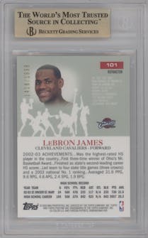 LeBron James from the 2003-04 Topps Pristine  set featuring a Refractor parallel graded by Beckett and given an overall grade of 9.5.