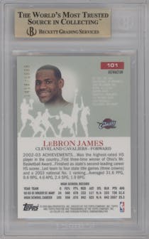 LeBron James from the 2003-04 Topps Pristine  set featuring a Refractor parallel graded by Beckett and given an overall grade of 9.5.