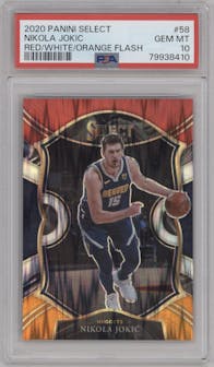 Nikola Jokic from the 2020-21 Panini Select  set featuring a Red/White/Orange Flash parallel graded by PSA and given an overall grade of 10.