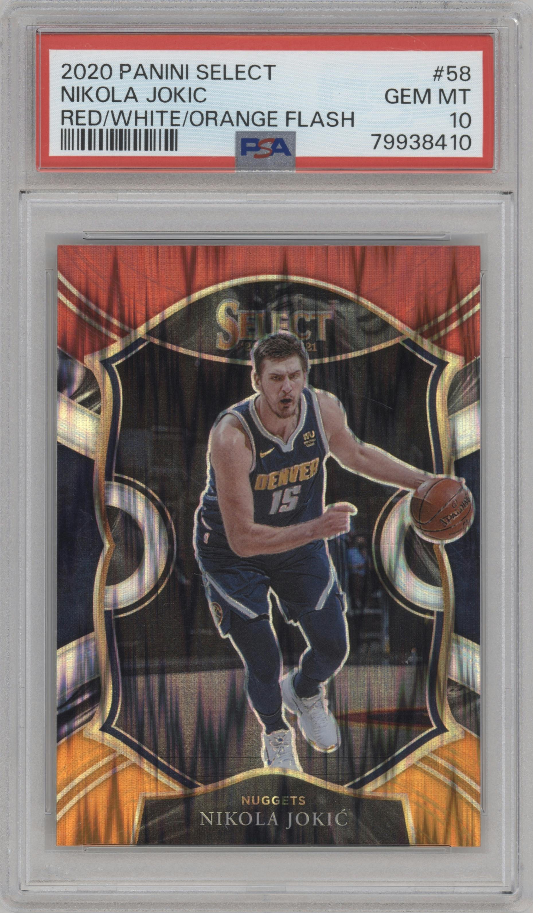 Nikola Jokic from the 2020-21 Panini Select  set featuring a Red/White/Orange Flash parallel graded by PSA and given an overall grade of 10.