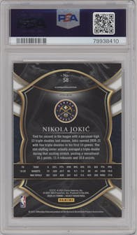 Nikola Jokic from the 2020-21 Panini Select  set featuring a Red/White/Orange Flash parallel graded by PSA and given an overall grade of 10.