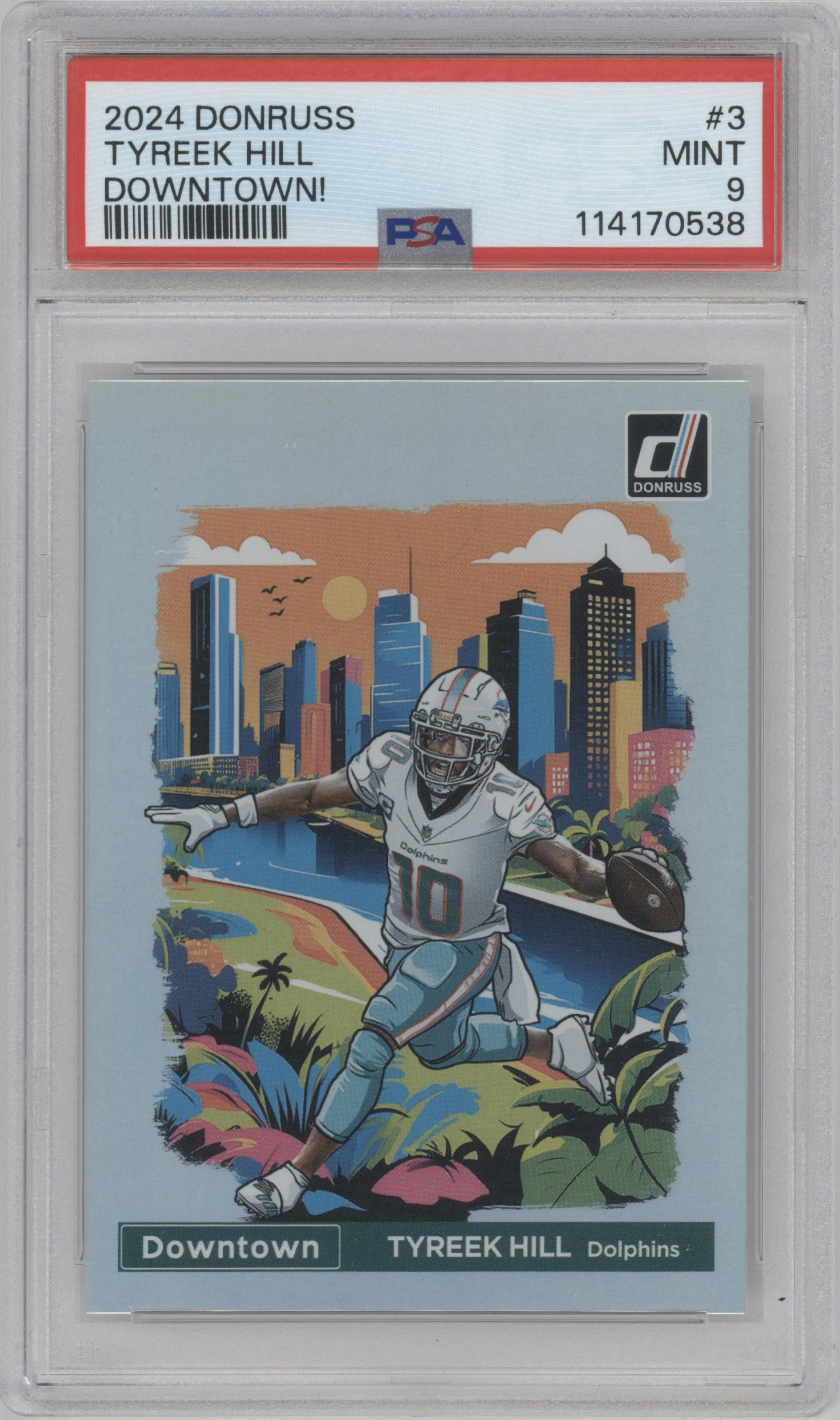 Tyreek Hill from the 2024 Donruss set graded by PSA and given an overall grade of 9.