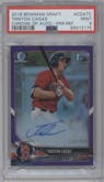 Triston Casas from the 2018 Bowman Draft set featuring a Purple Refractor  parallel graded by PSA and given an overall grade of 9.