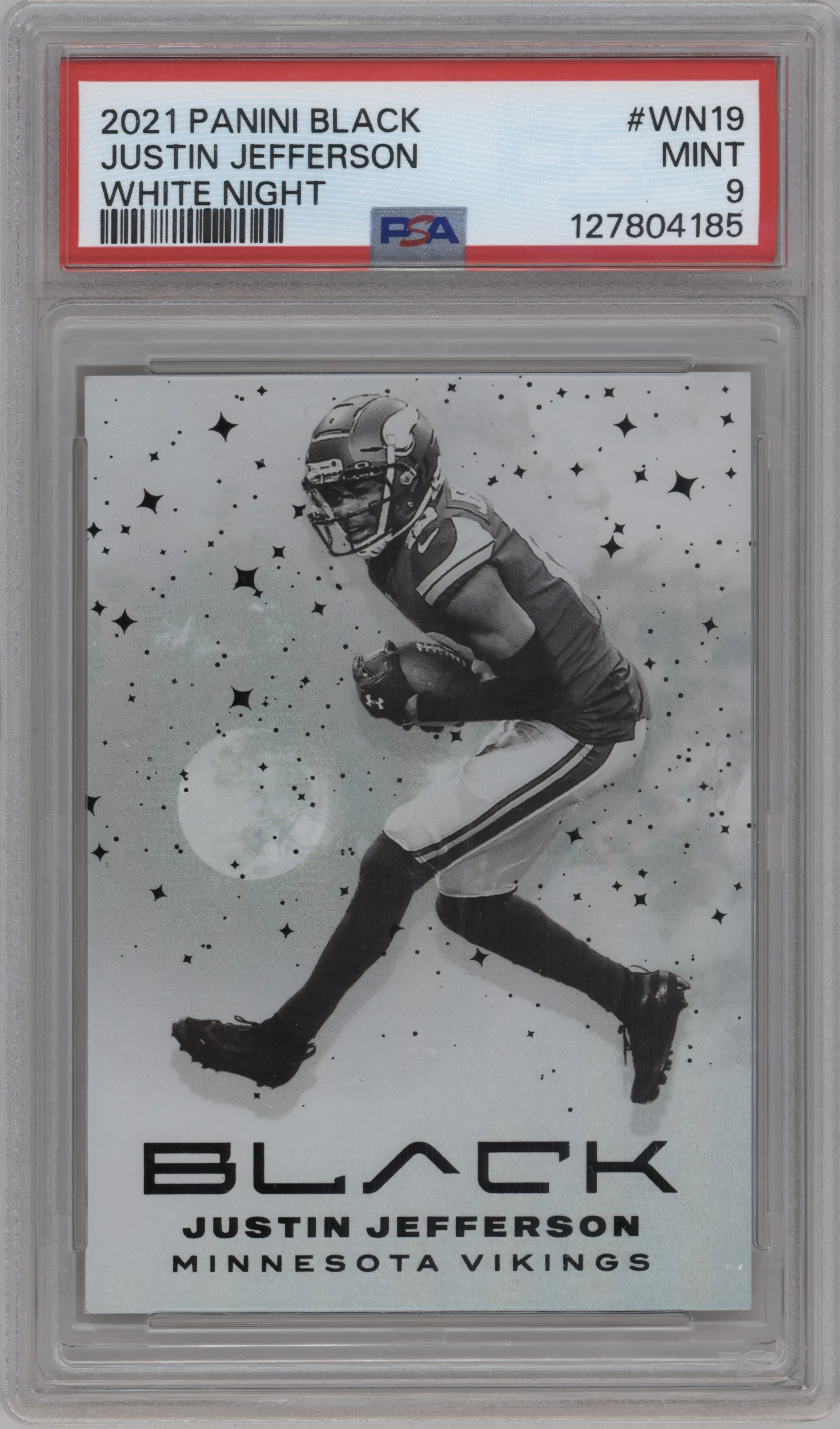 Justin Jefferson from the 2021 Panini Black set graded by PSA and given an overall grade of 9.