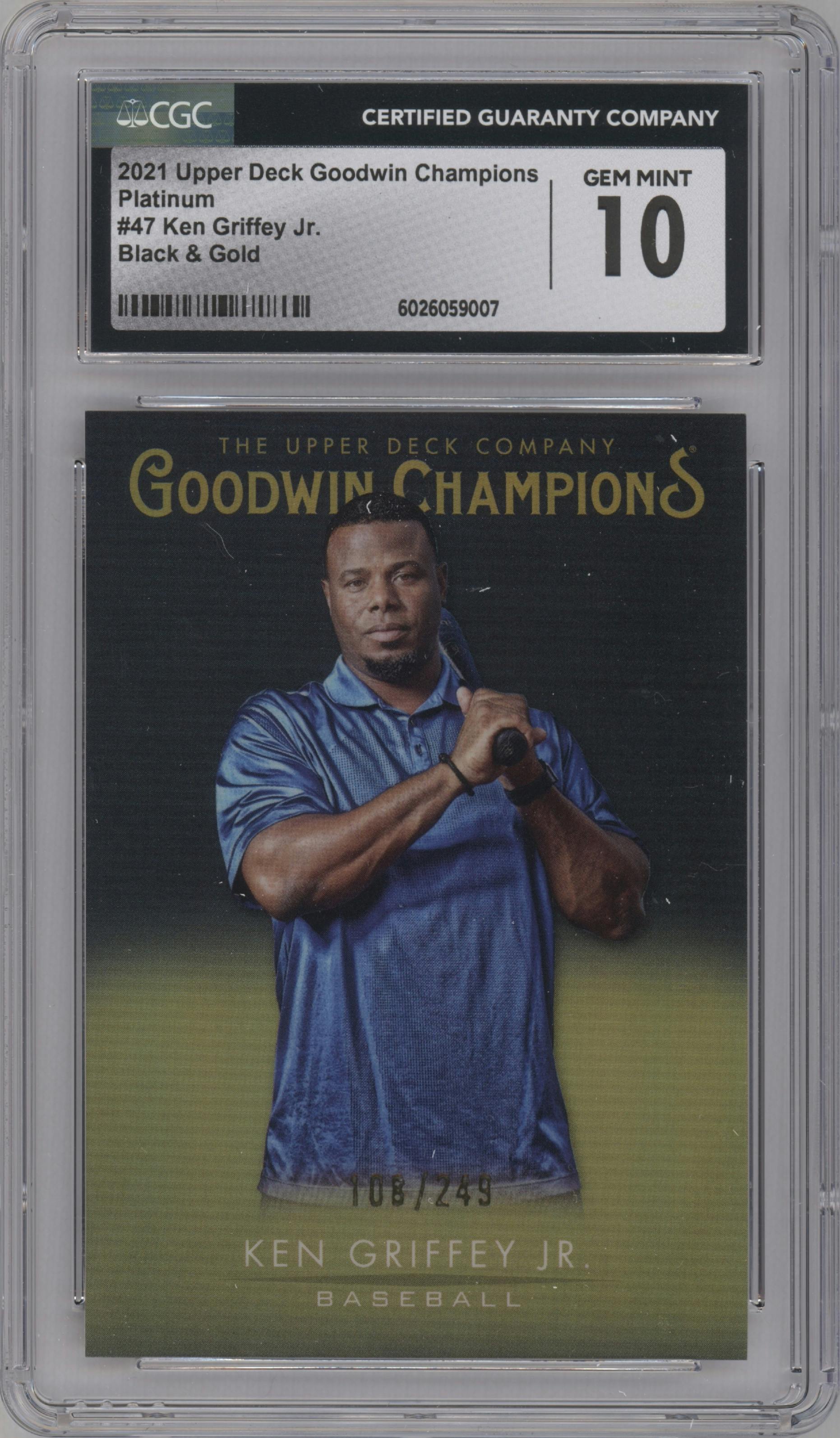 Ken Griffey Jr. from the 2021 Upper Deck Goodwin Champions set featuring a Black/Gold parallel graded by CSG and given an overall grade of 10.