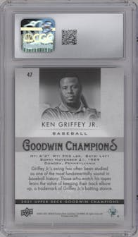 Ken Griffey Jr. from the 2021 Upper Deck Goodwin Champions set featuring a Black/Gold parallel graded by CSG and given an overall grade of 10.