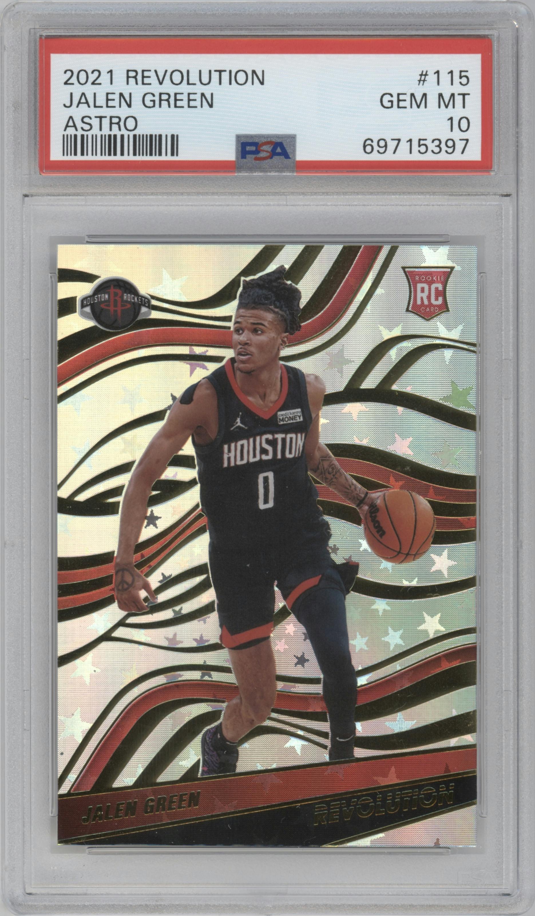 Jalen Green from the 2021-22 Panini Revolution  set featuring a Astro parallel graded by PSA and given an overall grade of 10.