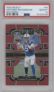 Anthony Richardson from the 2023 Panini Select set featuring a Red Prizm parallel graded by PSA and given an overall grade of 10.