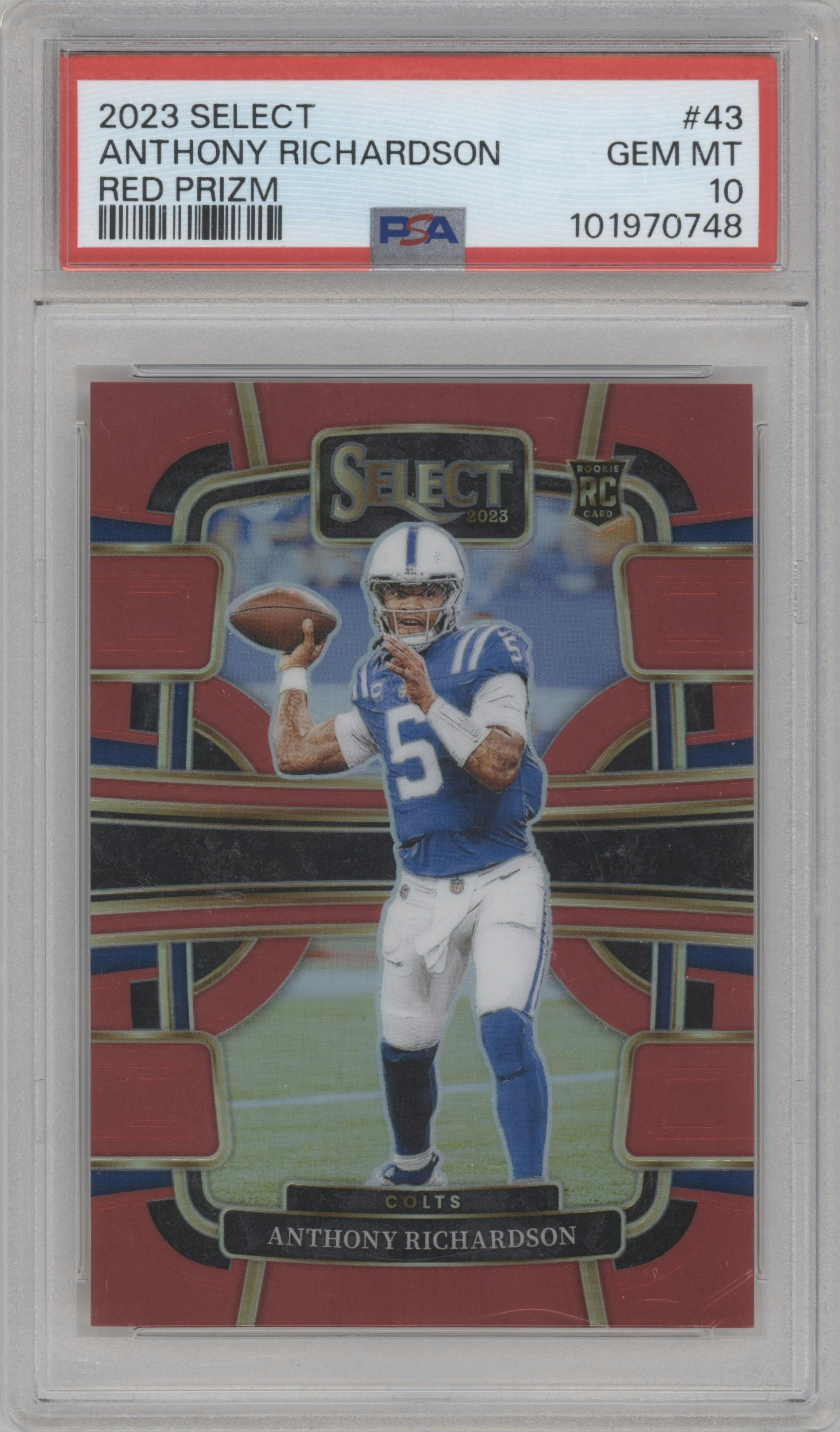 Anthony Richardson from the 2023 Panini Select set featuring a Red Prizm parallel graded by PSA and given an overall grade of 10.