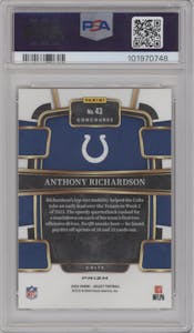 Anthony Richardson from the 2023 Panini Select set featuring a Red Prizm parallel graded by PSA and given an overall grade of 10.