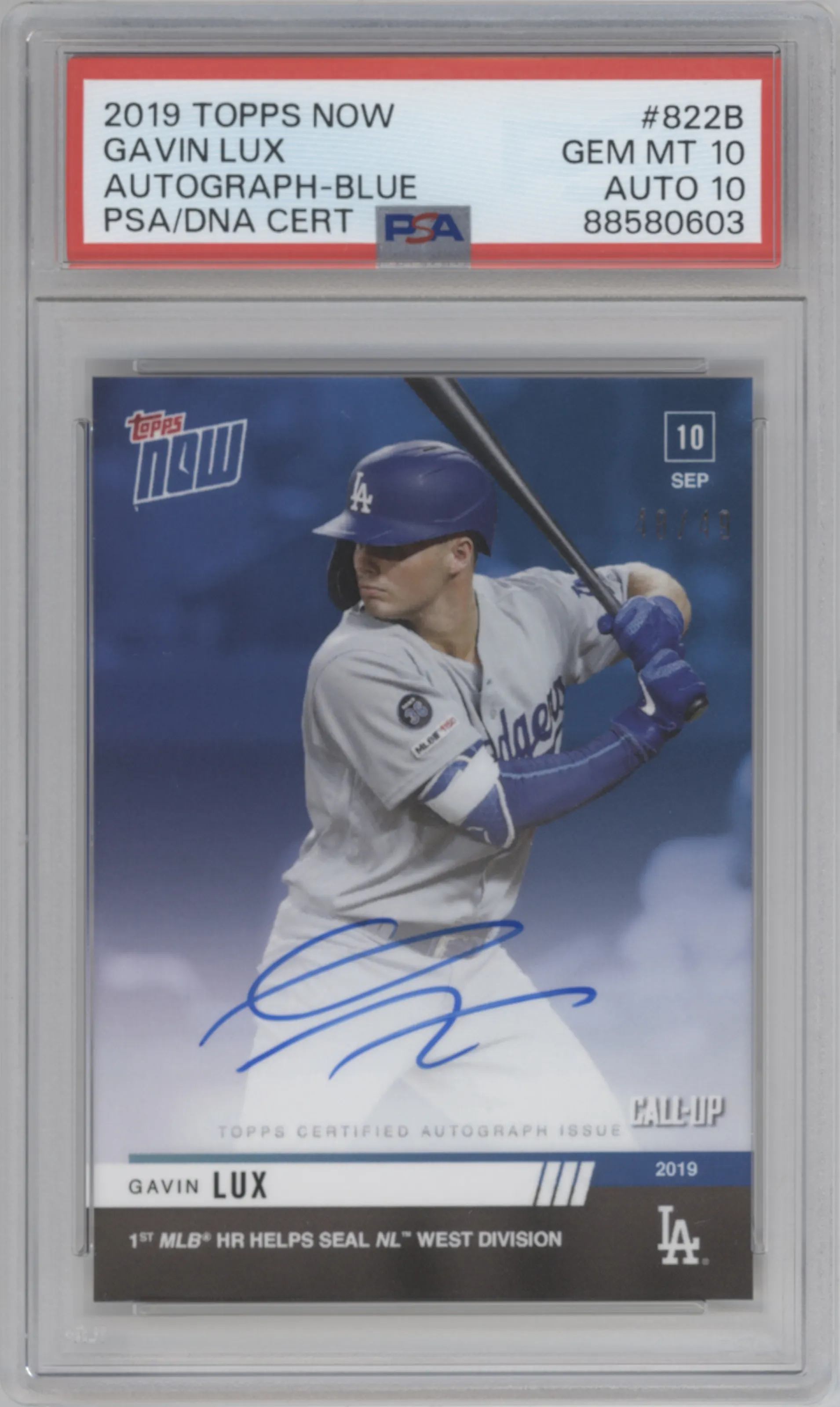 2019 Topps Now Auto Gavin Lux Blue PSA 10