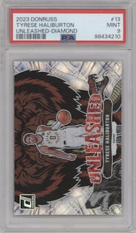 Tyrese Haliburton from the 2023-24 Panini Donruss set featuring a Diamond parallel graded by PSA and given an overall grade of 9.