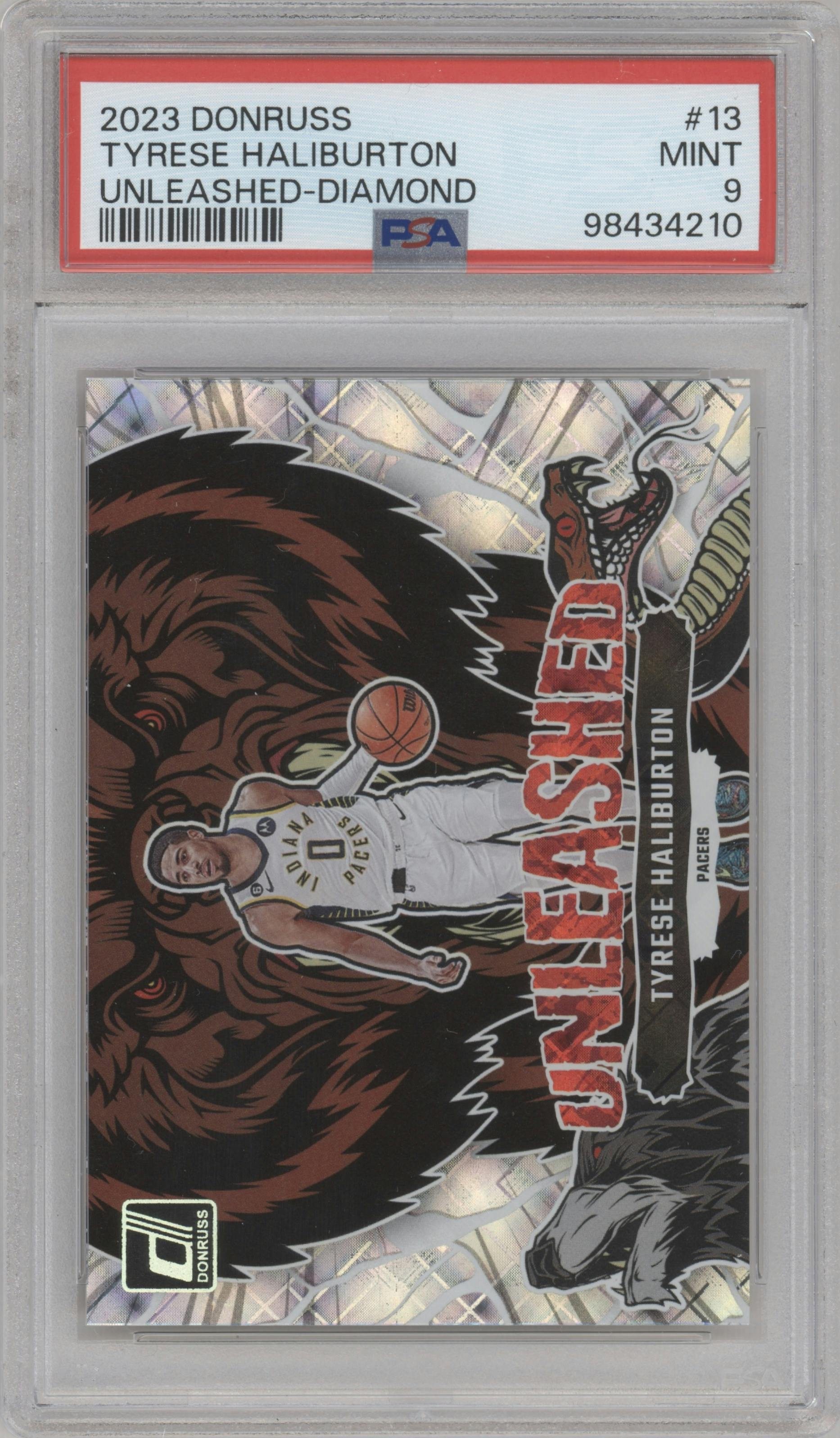Tyrese Haliburton from the 2023-24 Panini Donruss set featuring a Diamond parallel graded by PSA and given an overall grade of 9.