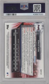 Ronald Acuna from the 2017 Bowman set featuring a Blue Refractor parallel graded by PSA and given an overall grade of 10.