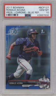 Ronald Acuna from the 2017 Bowman set featuring a Blue Refractor parallel graded by PSA and given an overall grade of 10.