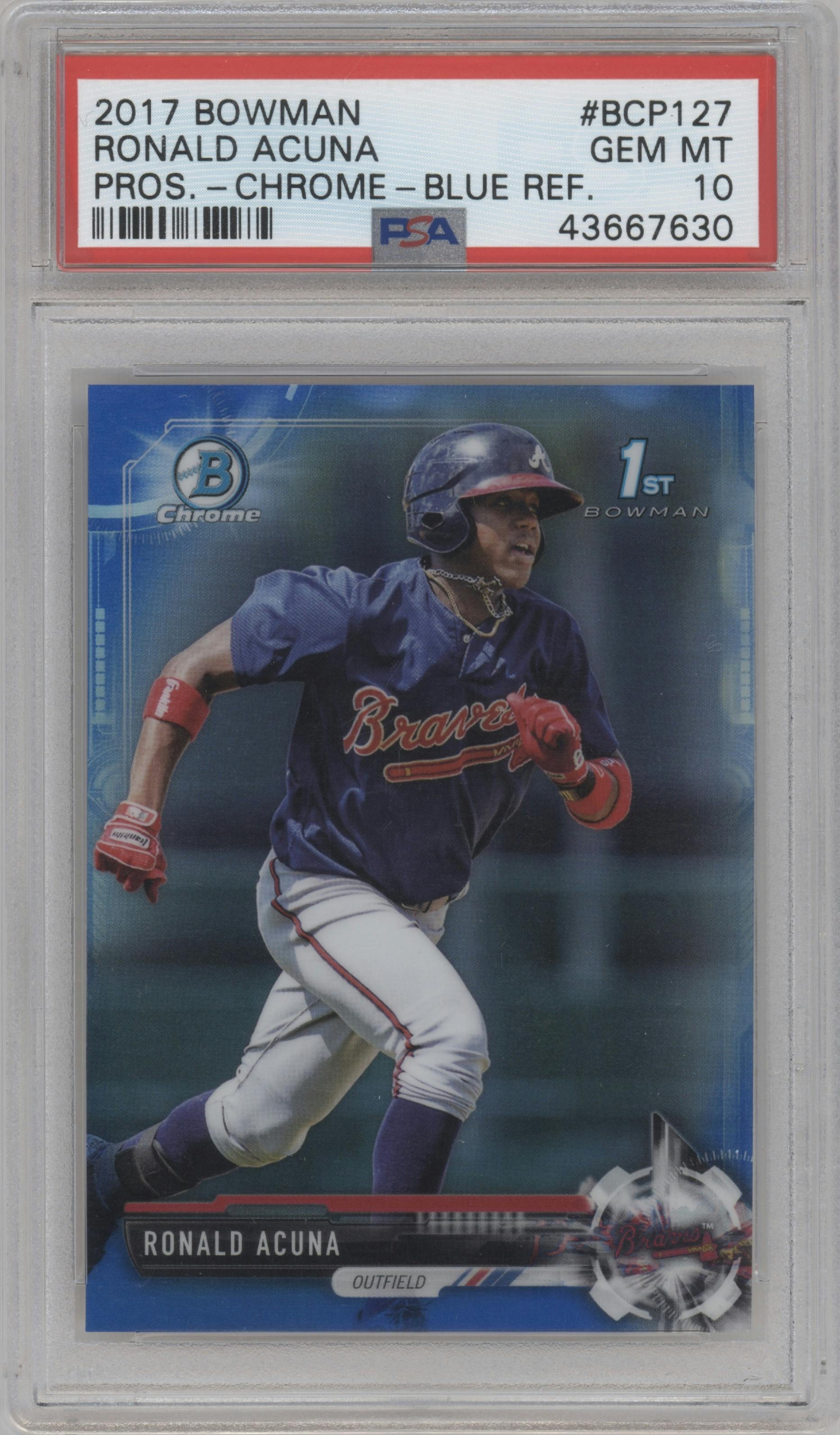 Ronald Acuna from the 2017 Bowman set featuring a Blue Refractor parallel graded by PSA and given an overall grade of 10.