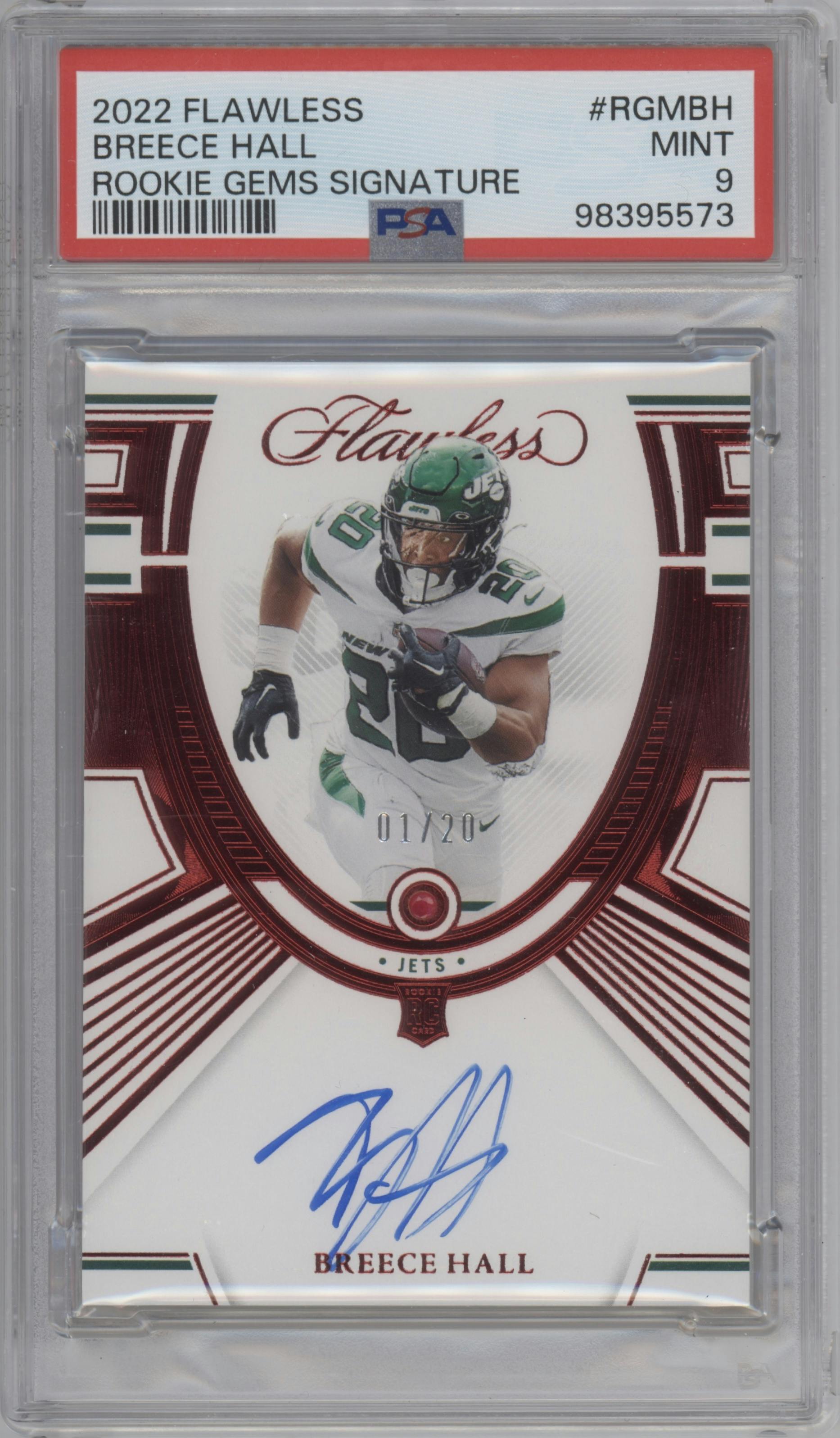 Breece Hall from the 2022 Panini Flawless set graded by PSA and given an overall grade of 9.