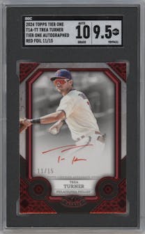 Trea Turner from the 2024 Topps Tier One  set featuring a Red Foil parallel graded by SGC and given an overall grade of 9.5.