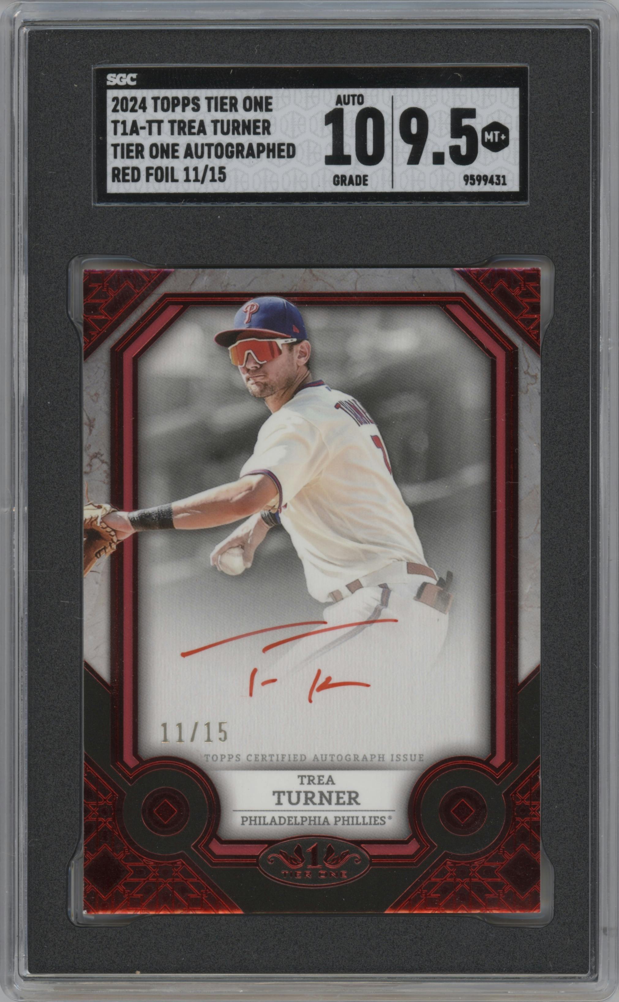 Trea Turner from the 2024 Topps Tier One  set featuring a Red Foil parallel graded by SGC and given an overall grade of 9.5.