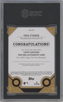 Trea Turner from the 2024 Topps Tier One  set featuring a Red Foil parallel graded by SGC and given an overall grade of 9.5.