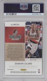 Damian Lillard from the 2020-21 Panini Impeccable set featuring a Gold parallel graded by PSA and given an overall grade of 9.