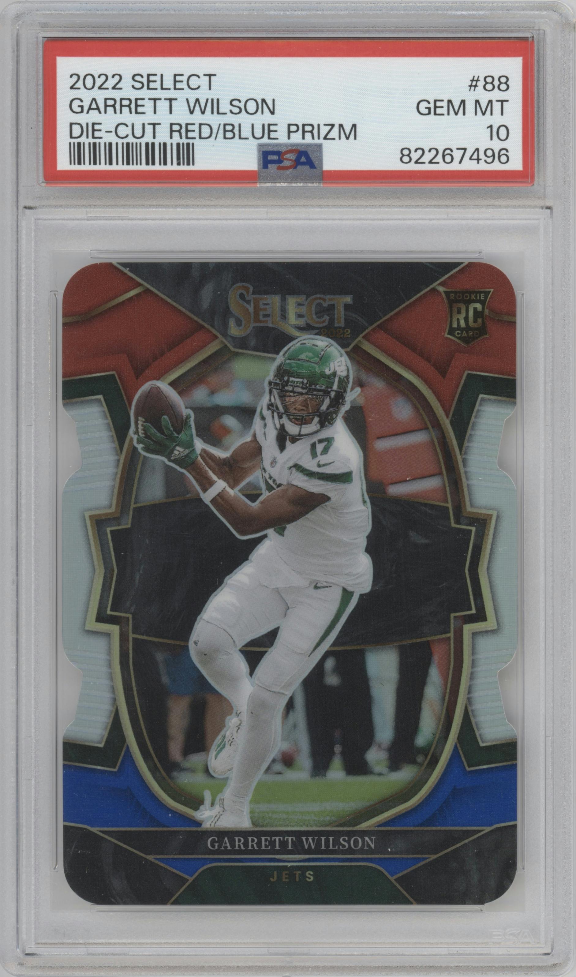 Garrett Wilson from the 2022 Panini Select set featuring a Die-Cut Black/Red parallel graded by PSA and given an overall grade of 10.