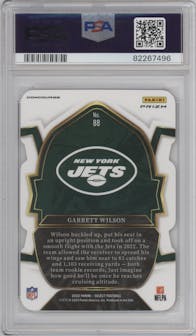 Garrett Wilson from the 2022 Panini Select set featuring a Die-Cut Black/Red parallel graded by PSA and given an overall grade of 10.