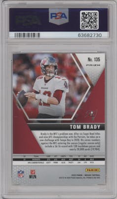 Tom Brady from the 2020 Panini Mosaic set featuring a Genesis parallel graded by PSA and given an overall grade of 9.
