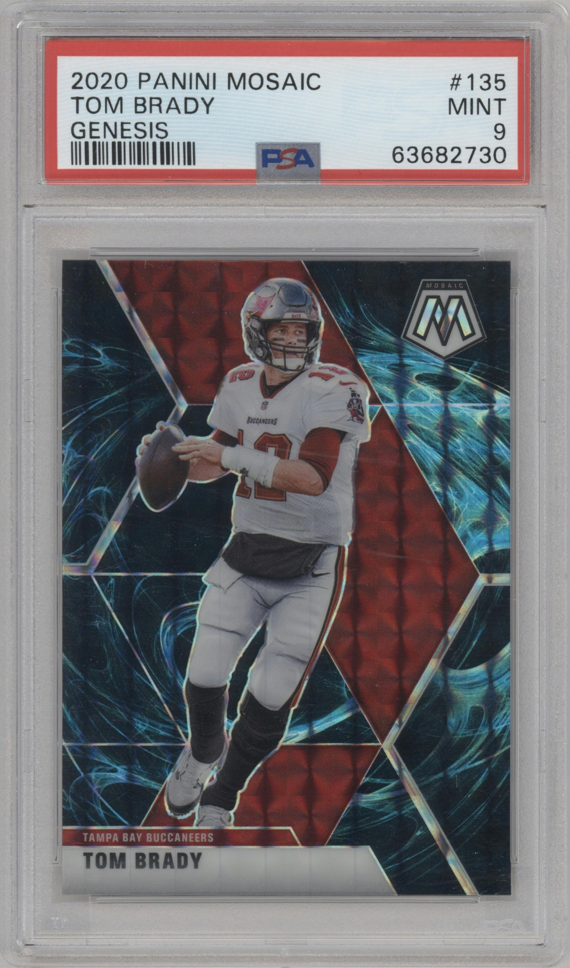 Tom Brady from the 2020 Panini Mosaic set featuring a Genesis parallel graded by PSA and given an overall grade of 9.