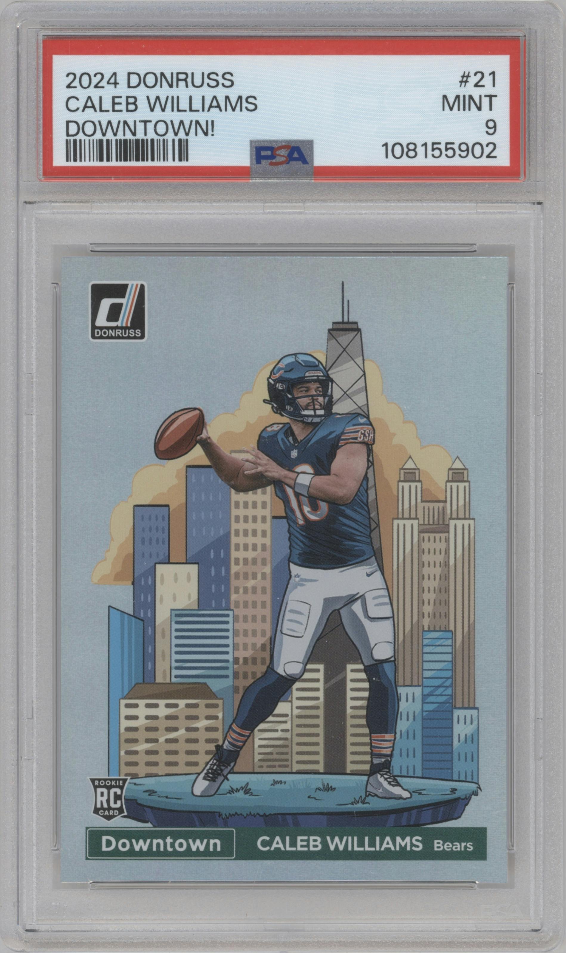 Caleb Williams from the 2024 Donruss set graded by PSA and given an overall grade of 9.