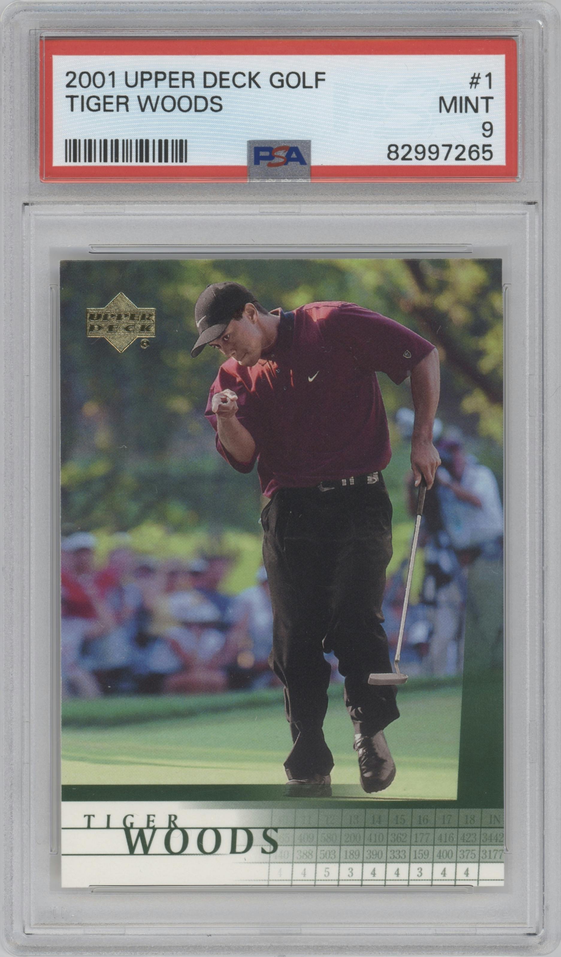 Tiger Woods from the 2001 Upper Deck set graded by PSA and given an overall grade of 9.