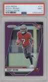 Bucky Irving from the 2024 Panini Prizm set featuring a Purple Prizm parallel graded by PSA and given an overall grade of 9.