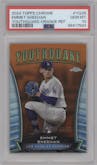 Emmet Sheehan from the 2024 Topps Chrome set featuring a Orange Refractor parallel graded by PSA and given an overall grade of 10.