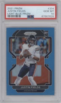 Justin Fields from the 2021 Panini Prizm set featuring a Light Blue Prizm parallel graded by PSA and given an overall grade of 10.