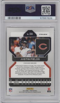 Justin Fields from the 2021 Panini Prizm set featuring a Light Blue Prizm parallel graded by PSA and given an overall grade of 10.