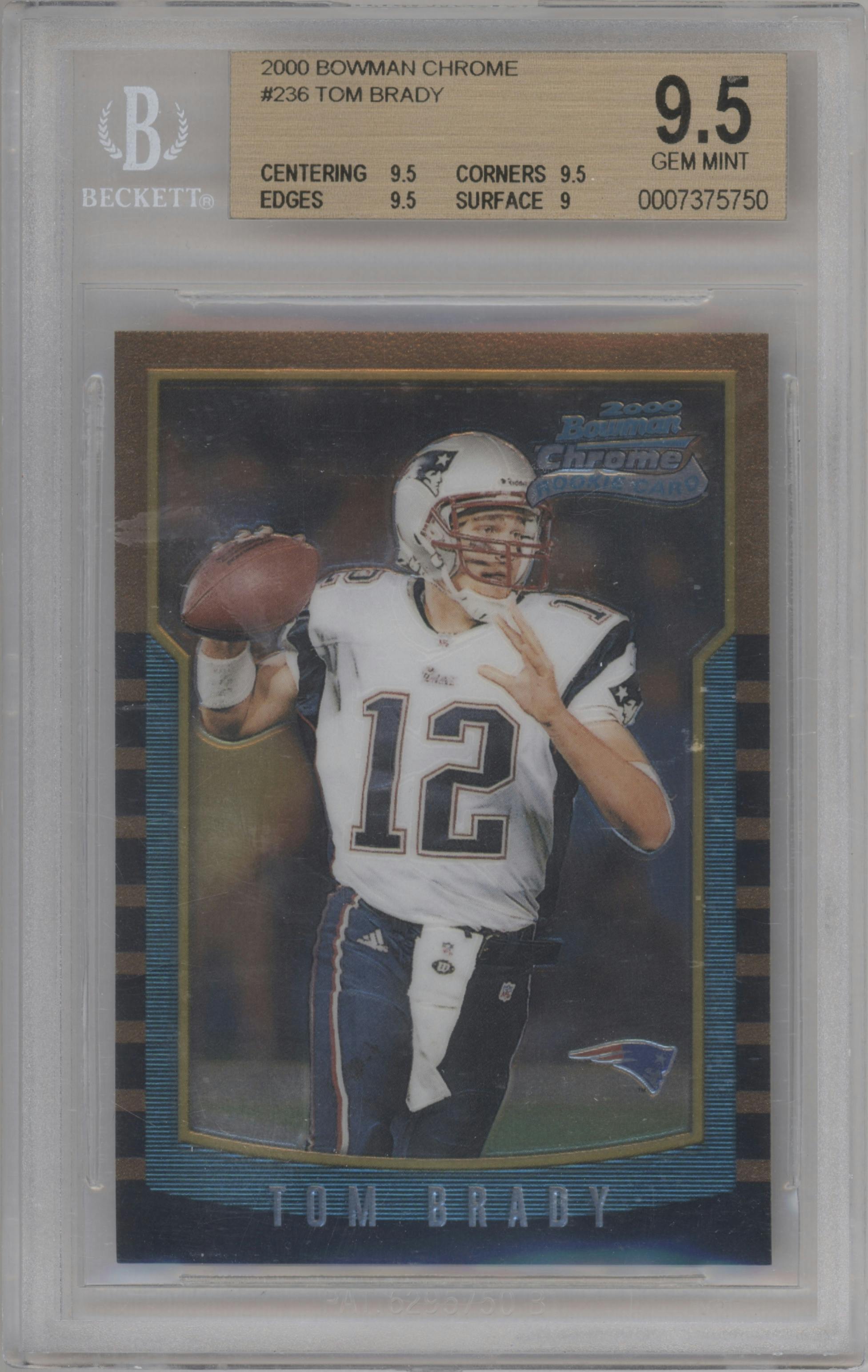Tom Brady from the 2000 Bowman Chrome set graded by Beckett and given an overall grade of 9.5.
