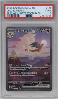Charizard ex from the 2023 Pokemon SV set graded by PSA and given an overall grade of 9.