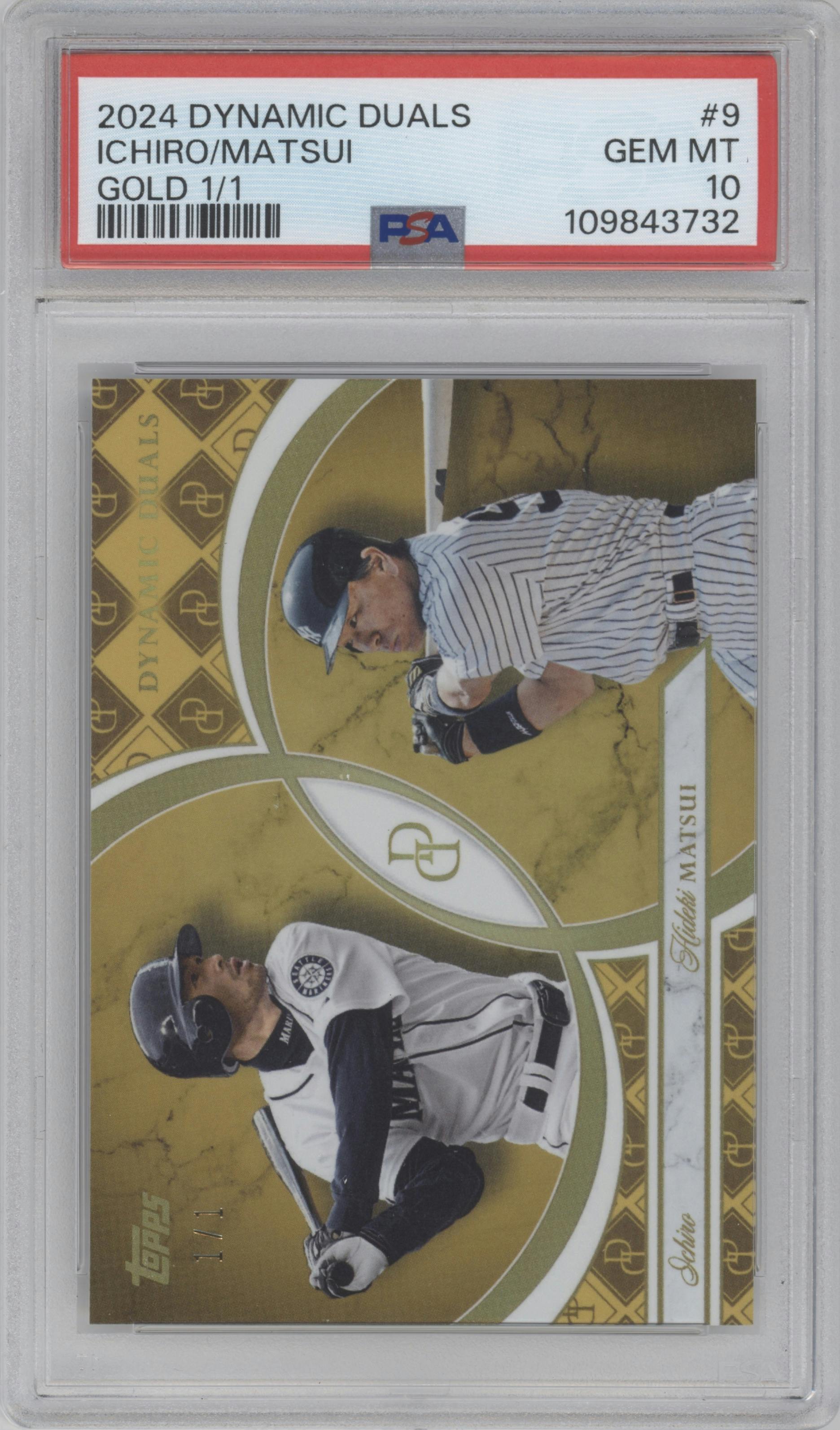 Ichiro/Hideki Matsui from the 2024 Topps Dynamic Duals set featuring a Gold parallel graded by PSA and given an overall grade of 10.